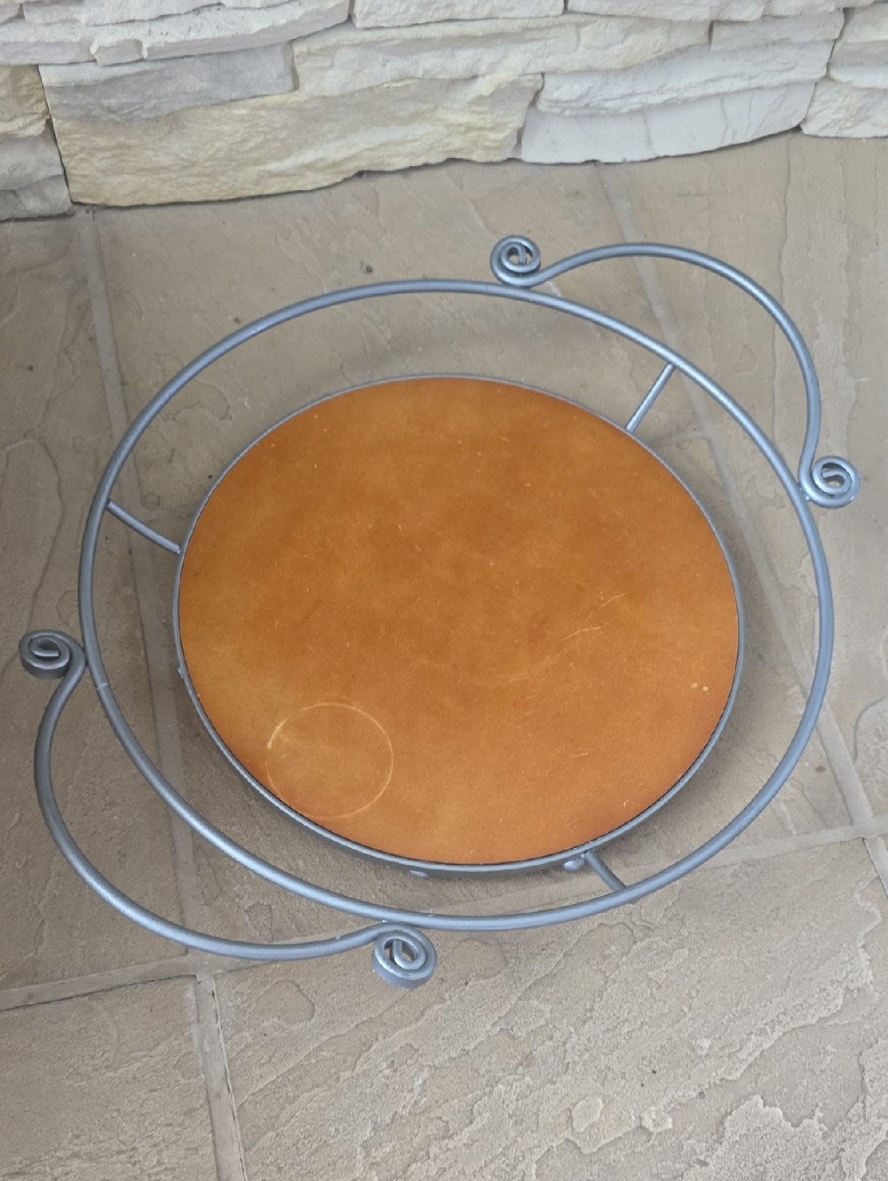 Round Wood-Topped Metal Tray
